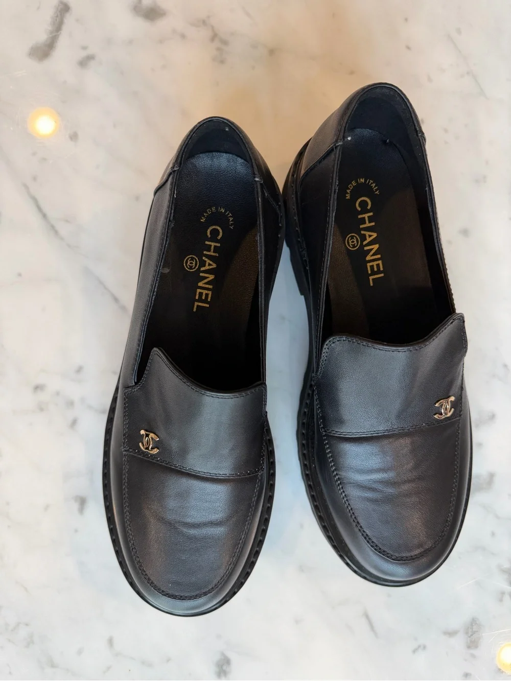 NotChanel Women's Black Leather Platform Loafers Size 39/8 US